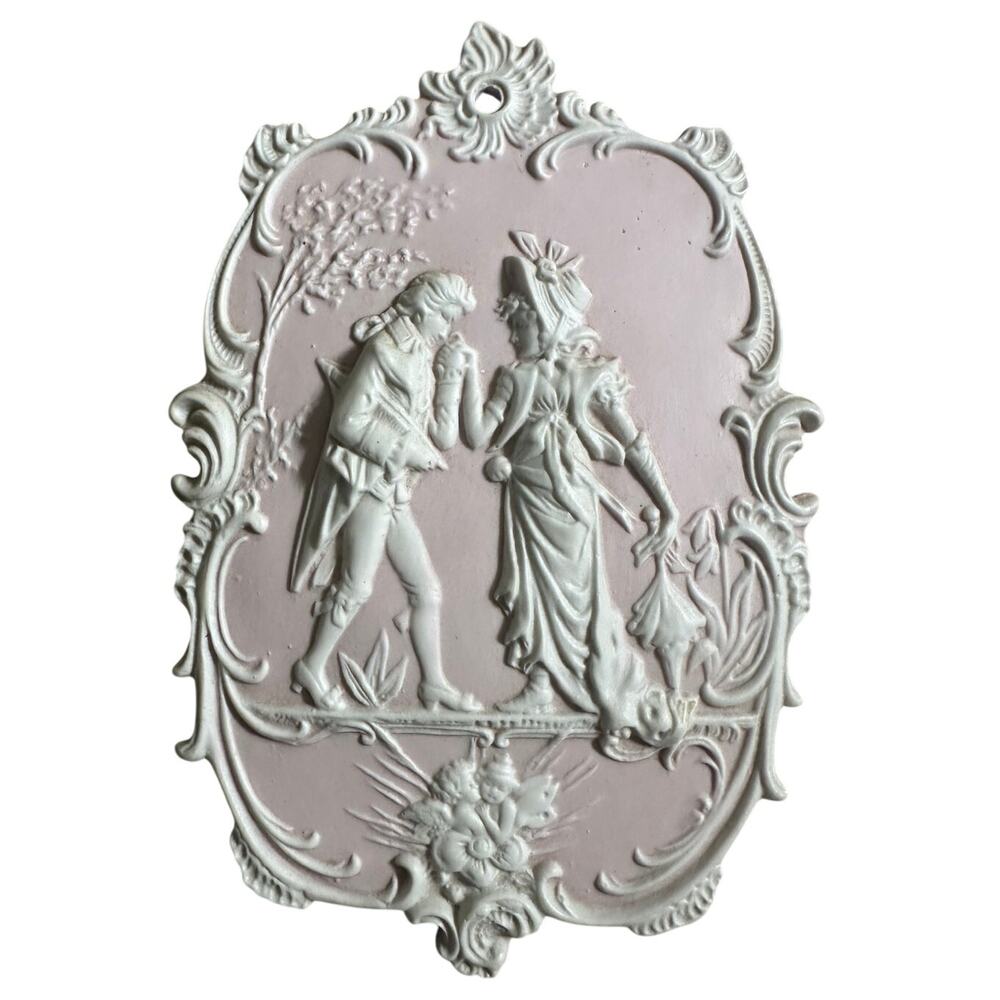 Vintage Arnart Japan bisque Jasperware wall plaque, Courting Couple, Pink